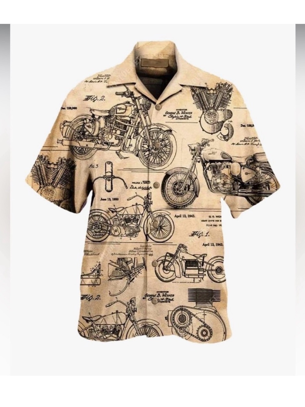 Men's Beige Motorcycle Print Short-Sleeve Shirt Hawaiian biker wedding style